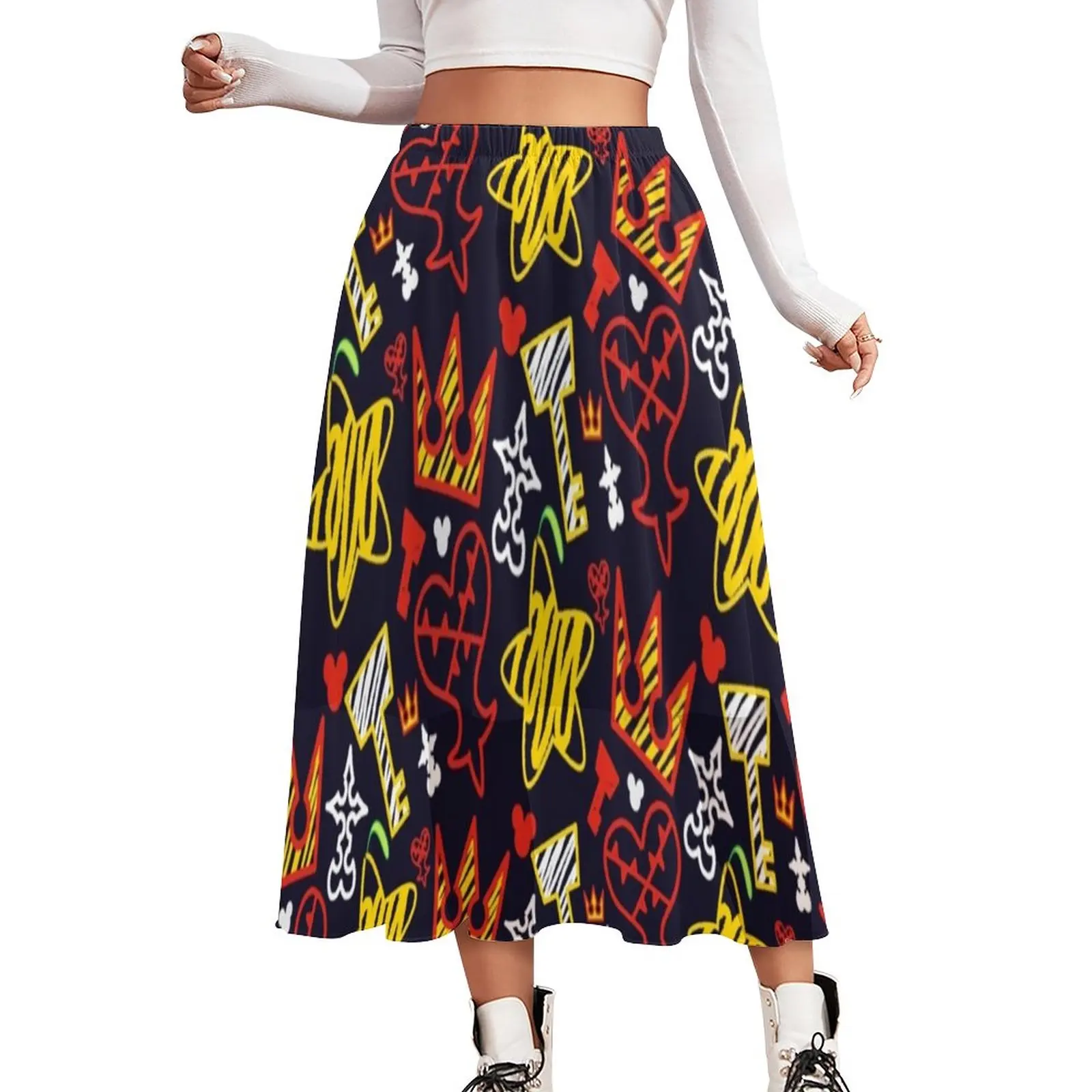 

Kingdom Hearts Skirt Red Heart Print Street Style Long Skirts Retro A-line Skirt Female Graphic Oversized Clothes