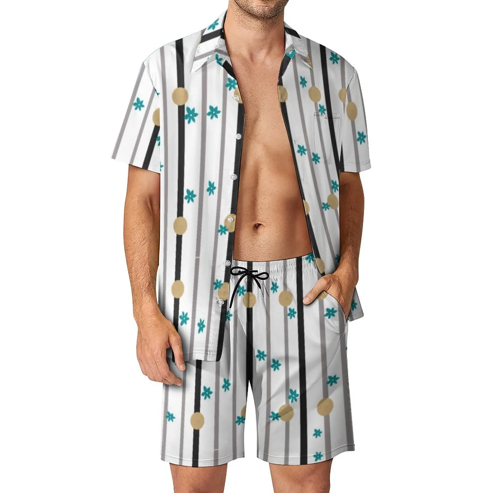 

Classic Polka Dots Stripes Men Sets Black Lines Casual Shorts Beach Shirt Set Vintage Print Suit Short Sleeve Oversized Clothing