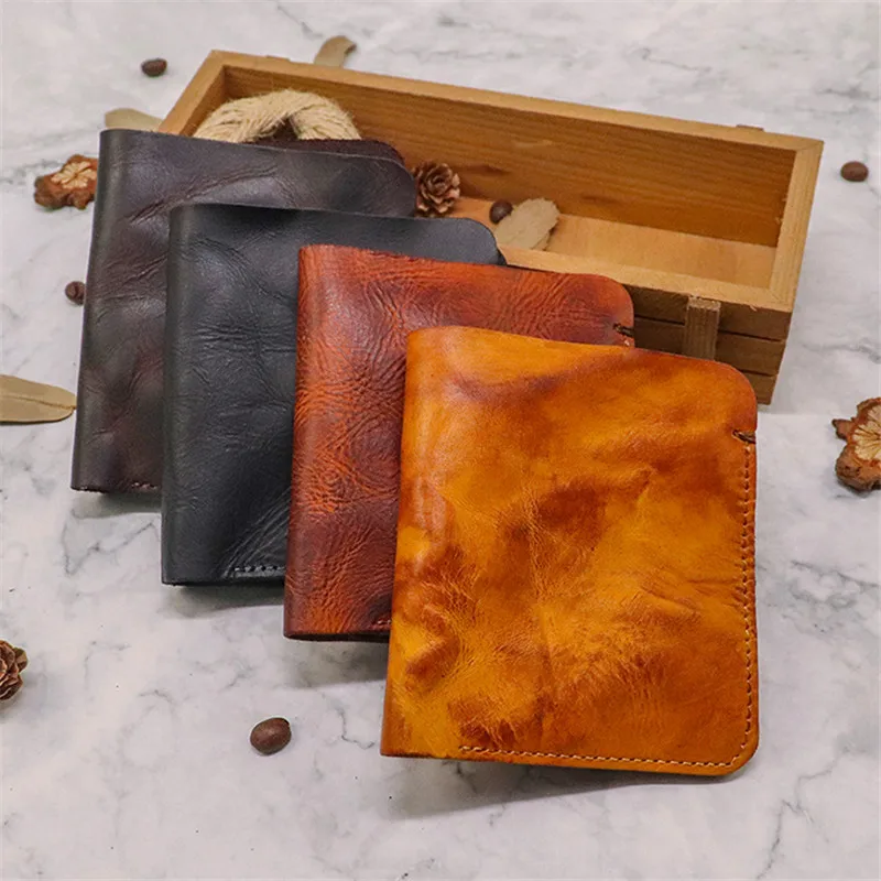 Retro fashion high quality natural genuine leather men women's universal short wallet Minimalist credit card real cowhide wallet