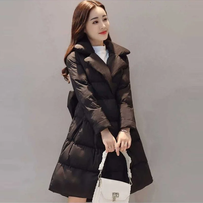 2022 Winter Parkas Women Cotton Jacket Fashion A-line Down Cotton Jackets Thick Warm Long Slim Female Bow Big Swing Cotton Coats