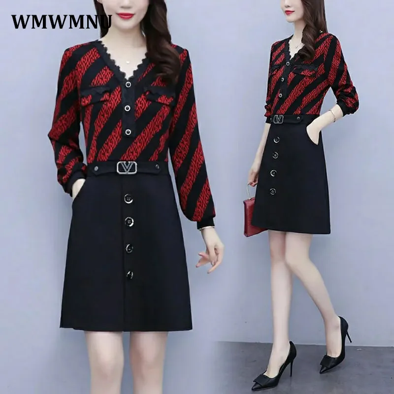 

Korean V Neck Striped Patchwork Fake Two Piece Dress Women Casual Long Sleeve Mini A-Line Dresses Elegant Vestidos De Mujer