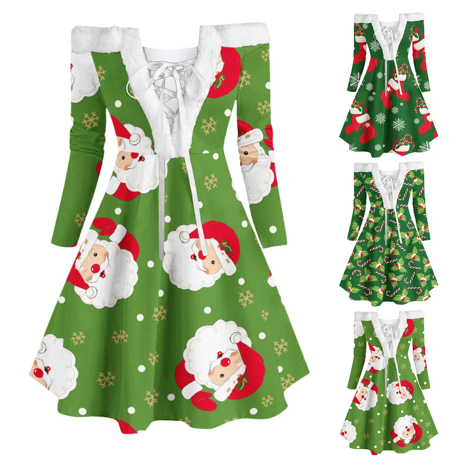 

Рождественские платья для женщин, повседневное лоскутное платье до колен с длинным рукавом и открытыми плечами, рождественское платье миди...