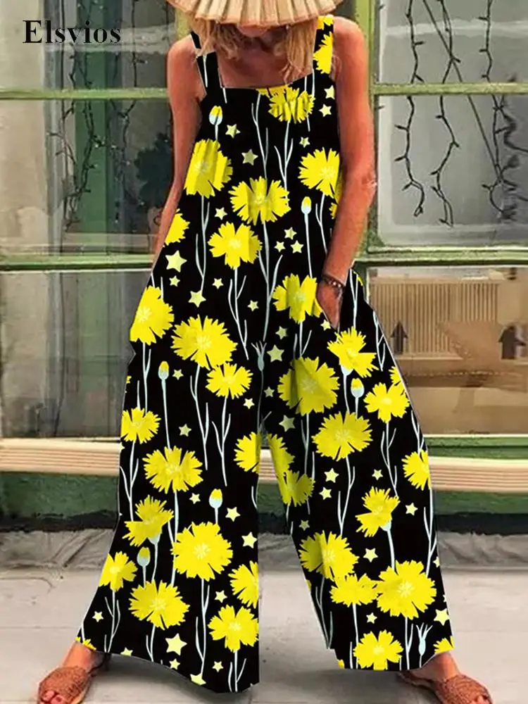 

3XL Casual Loose Pant Jumpsuit Women Fashion Yellow Flower Printed Beach Overalls Playsuit Female Retro Wide Leg Strappy Romper