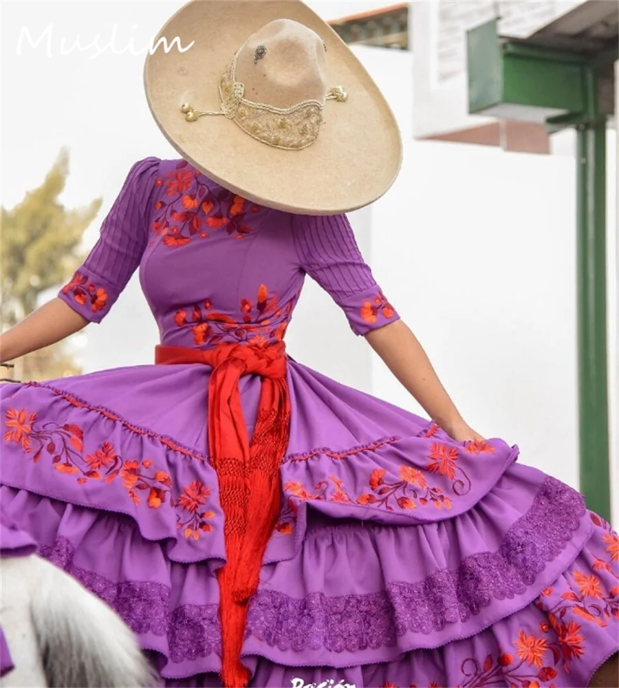 Фото Folklorico Мексиканское фиолетовое платье для выпускного вечера Костюм Цалиско Кружева Эскаррамуза Вечернее платье с вышивкой День рождения Мариячи Вечеринка по индивидуальному заказу №2