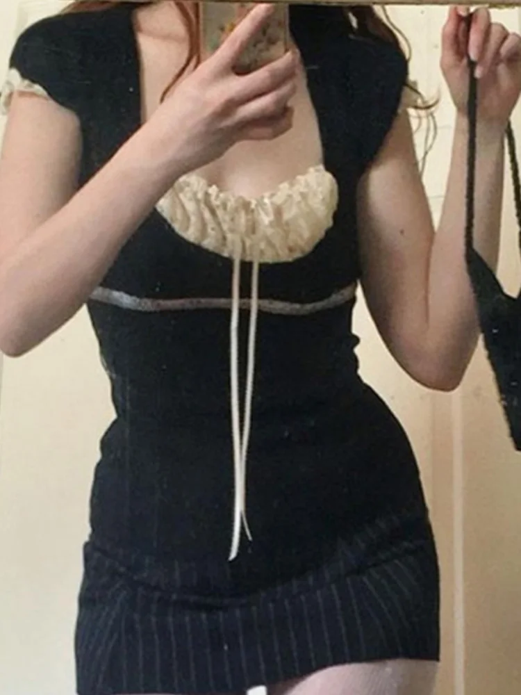 Y2k Укороченный топ с кружевной отделкой и бантом милая футболка коротким рукавом