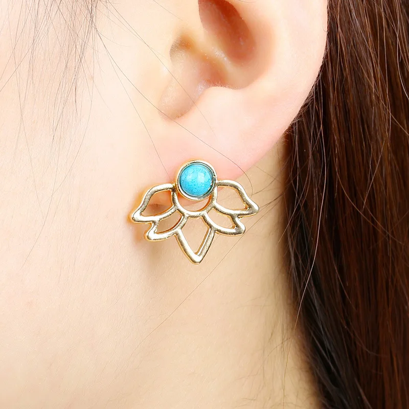 

European And American Retro Turquoise Lotus Earrings Fashion Temperament Hollow Water Lily Simple Flower Blue Gemstone Earrings