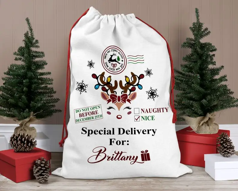 

Personalized Santa Sacks, Reindeer Santa Sack, Personalized Gift Bag For Children, Family Gift Sacks, Personalized Stockings