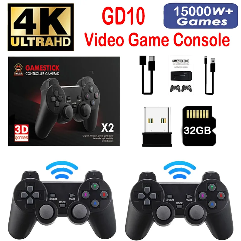 

Игровая консоль GD10 4K в ретро стиле, портативная ТВ-приставка с двумя ручками, Игровая приставка для дома, 128 ГБ, встроенная консоль 40000 для PS1 PSP 60 fps, выход