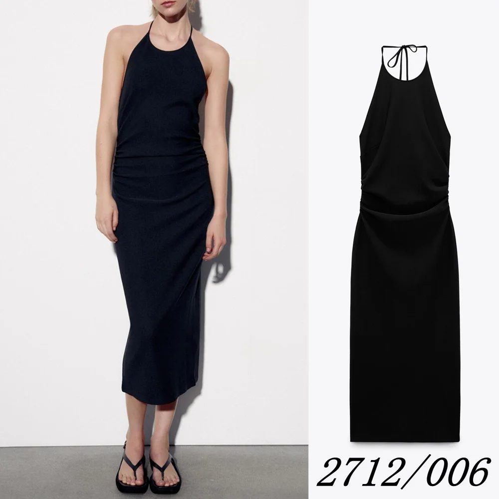 

Весеннее новое платье UNIZERA женское черное темпераментное элегантное приталенное пикантное плиссированное платье с воротником-халтером для женщин 2712006