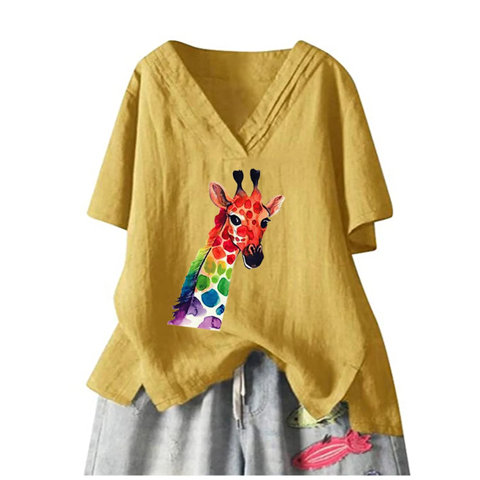 

Casual Top Print V-Neck T-shirt Women's Pullover Blouse Loose Women's Blouse Top Collar Shirt Women Lace Cap Sleeves