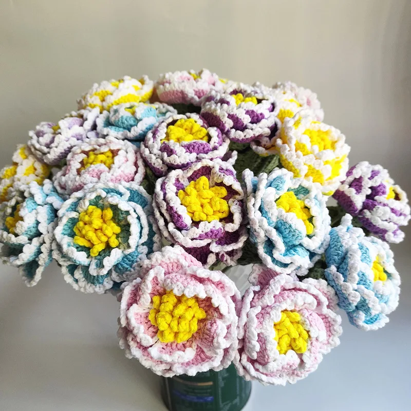 

Finished Handmade Crochet Peony Flowers Gradual Color Multi Petal Fake Flower Simulation Flower Home Decoration Knitted Flowers
