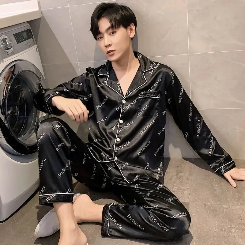 Spring and autumn men's new pajamas ice silk long sleeve thin loose plus size home clothes casual silk men's summer