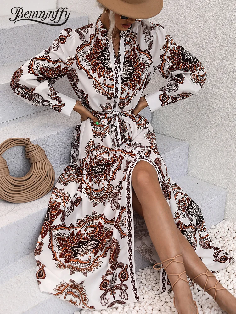 

Benuynffy Paisley Print Notched Neck Button Up Belted Shirt Dress Women Spring Fall Vacation Casual A-line Split Long Dresses