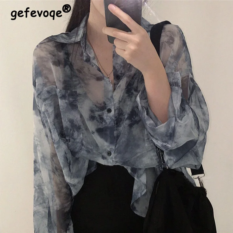 

Summer Korean Fashion Harajuku Tie-dye Print Long Sleeve Oversized Blouse Women Casual Loose Streetwear Button Shirt Ladies Tops