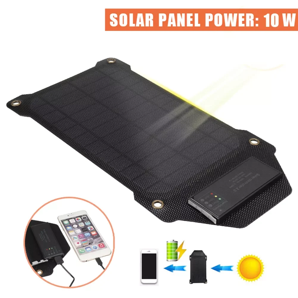 

USB 5V 10W Portable Solar Charger Waterproof Monocrystalline Silicon Solar Panel Kit with 2 Carabiner Outdoor Phone Power Bank