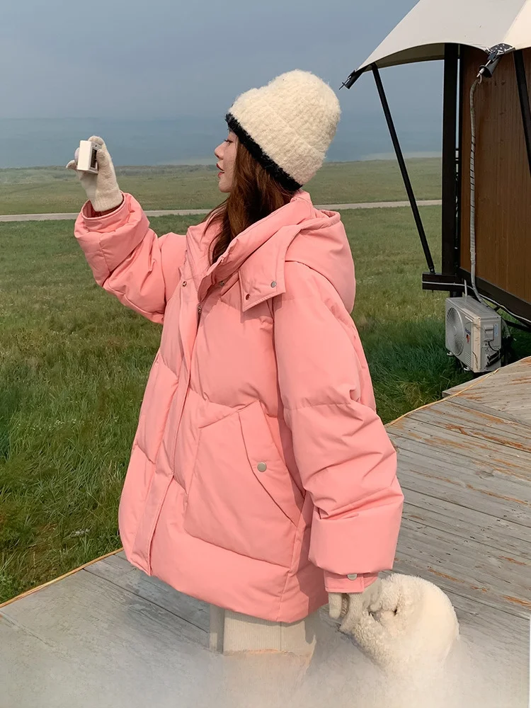 Пуховик-карго с коротким капюшоном одежда на хлопковой подкладке женская зима 2024