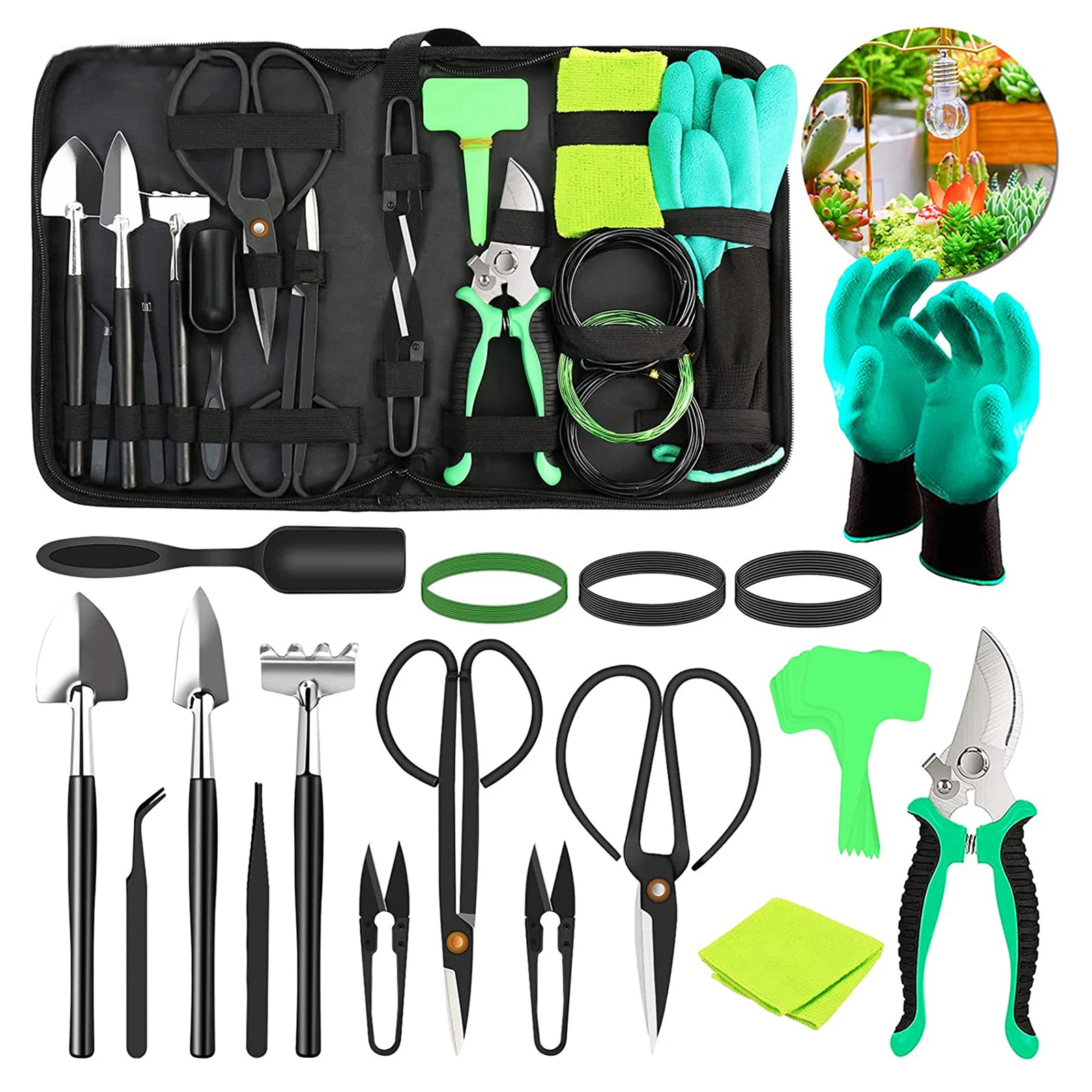

Bonsai Tools 24 Pcs Carbon Steel Succulent Gardening Pruning Tools With PU Leather Case Includes Leaf Cutter, Pruners, Scissors