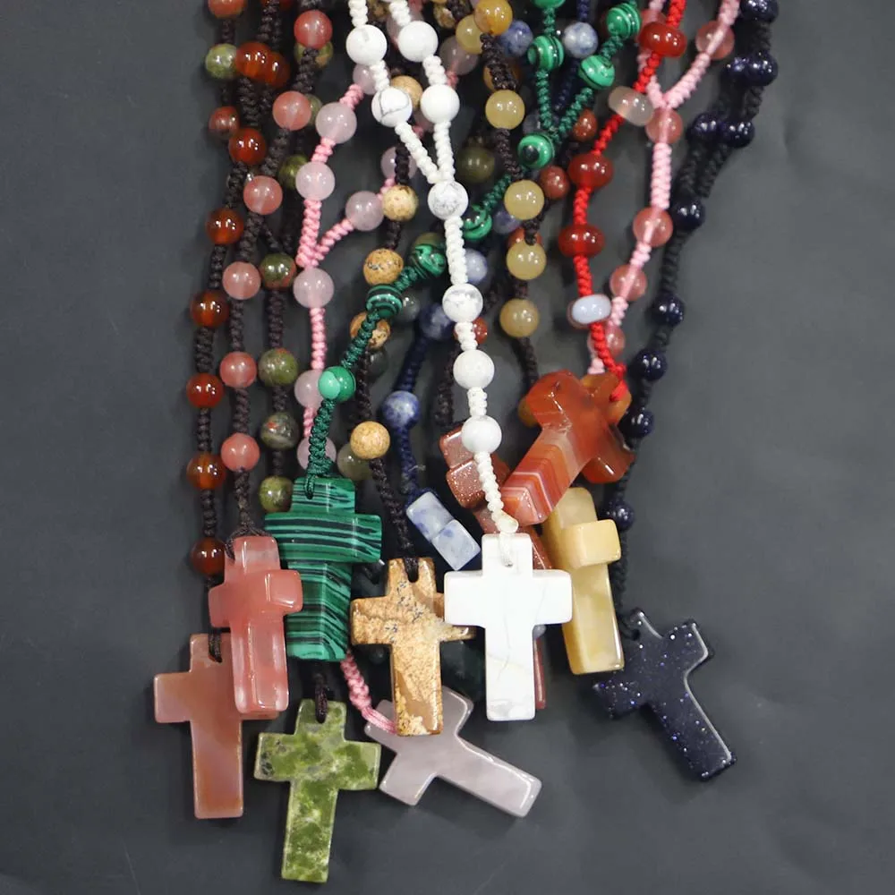 Selling Natural Stones Knotted 6MM Cross Pendant Necklace Accessory Fashion Crystal Agate Exquisite Sweater Chain Ethnic Jewelry