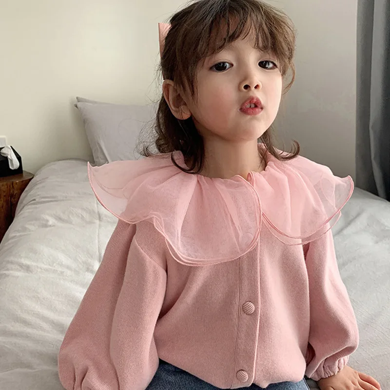 

Girls Cardigan Jackets 2023 Fall Winter New Baby Cute Sweet Girls Clothing Kids Children Top Lace Lapel Jacket For Girls Autumn