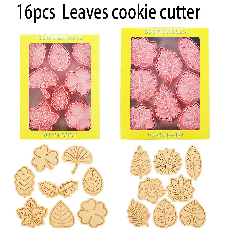 

16 Pcs/set Cookie Cutters Plastic 3D Leaf Clover Pressable Biscuit Mold Cookie Stamp Kitchen Baking Pastry Bakeware Cookie Tools