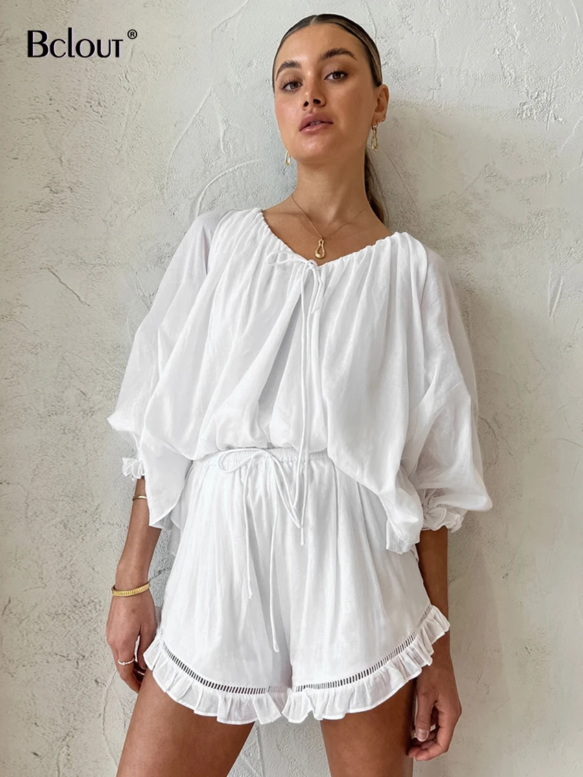 

Bclout Elegant White Ruffled Shorts Sets Women 2 Pieces Vacation V-Neck Long Sleeve Loose Tops Summer Elastic Waist Shorts Suits