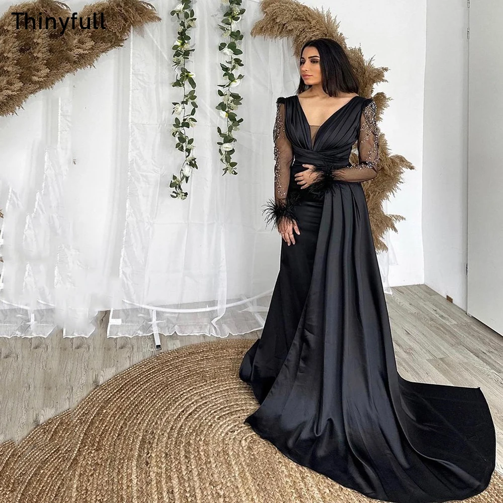 

Thinyfull Saudi Arabia Mermaid Prom Dresses V-neck Long Sleeves Evening Party Dresses Sequines Feathers Celebrate Event Gown