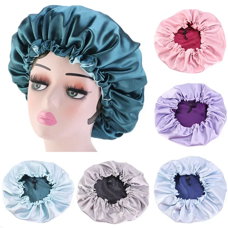 

Satin Bonnet Hair Caps Double Layer Adjust Sleep Night Cap Head Cover Hat For Curly Springy Hair Styling Accessories