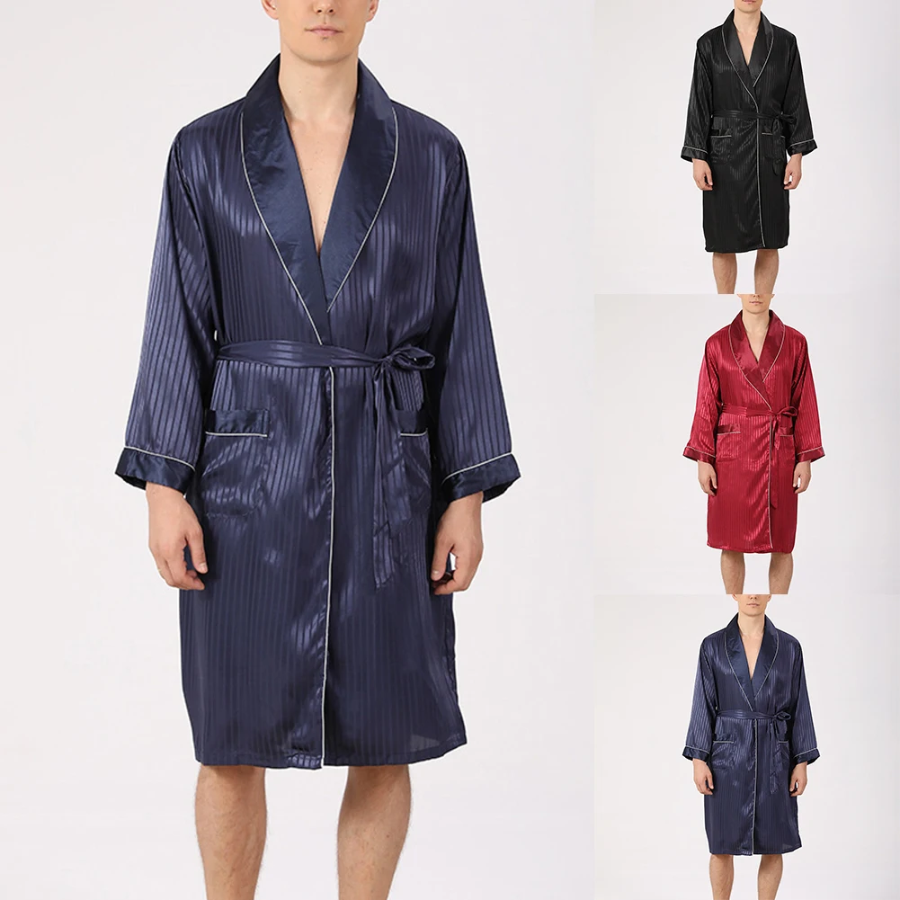 

Popular Mens Pajamas Robes Summer Emulation Silk Bathrobe Long Sleeve Lightweight Baggy Male Beachwear Nightgown 2023