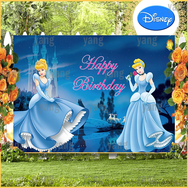 Disney Castle Cinderella Princess Romantic Rose Backdrop Dark Night Background Girls Happy Birthday Party Baby Shower Banner