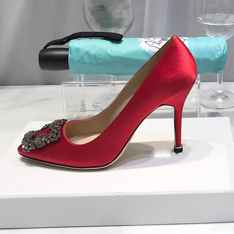 High Material Classic Rhinestone Pointed Silk Temperament High Heel Single Shoes Women's Button Shallow Flat Wedding Shoes