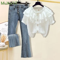 womens summer suit 2022 new loose short sleeved top high waist flared jeans two piece korean elegant blouse denim trousers set