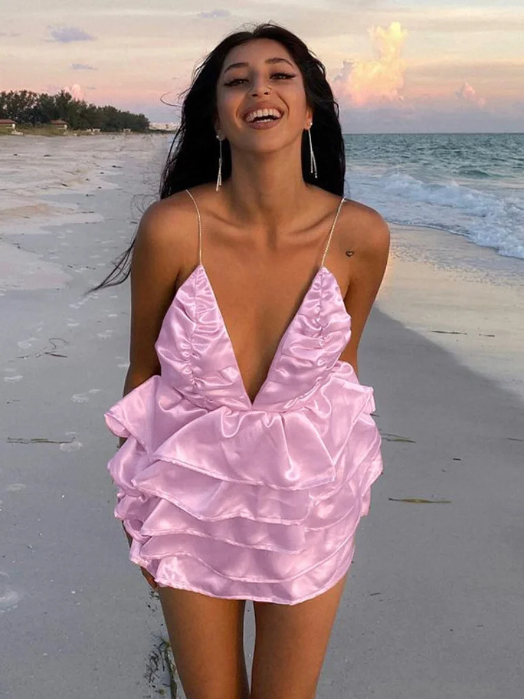 

Sexy Women Deep V-neck High Waist Backless Tunics Slip Dresses 2023 Summer Fashion Backless Evening Party Short Dress Pink Red