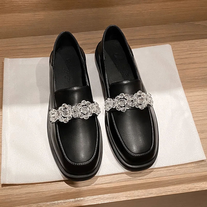 

New Fashion Casual Square Toe with Flower Rhinestone Women Black Leather Flats Loafers Shoes Plus Size 41 42 43