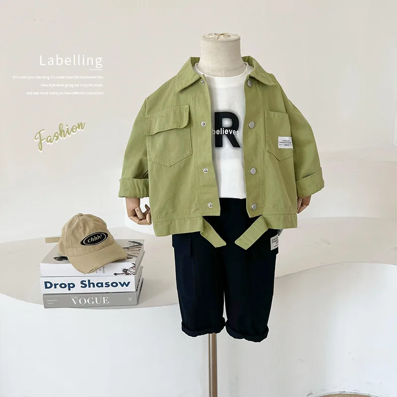 

Новинка весны 2023, детская одежда, детская повседневная куртка авокадо зеленого цвета, универсальные топы и блузки для мальчиков и девочек