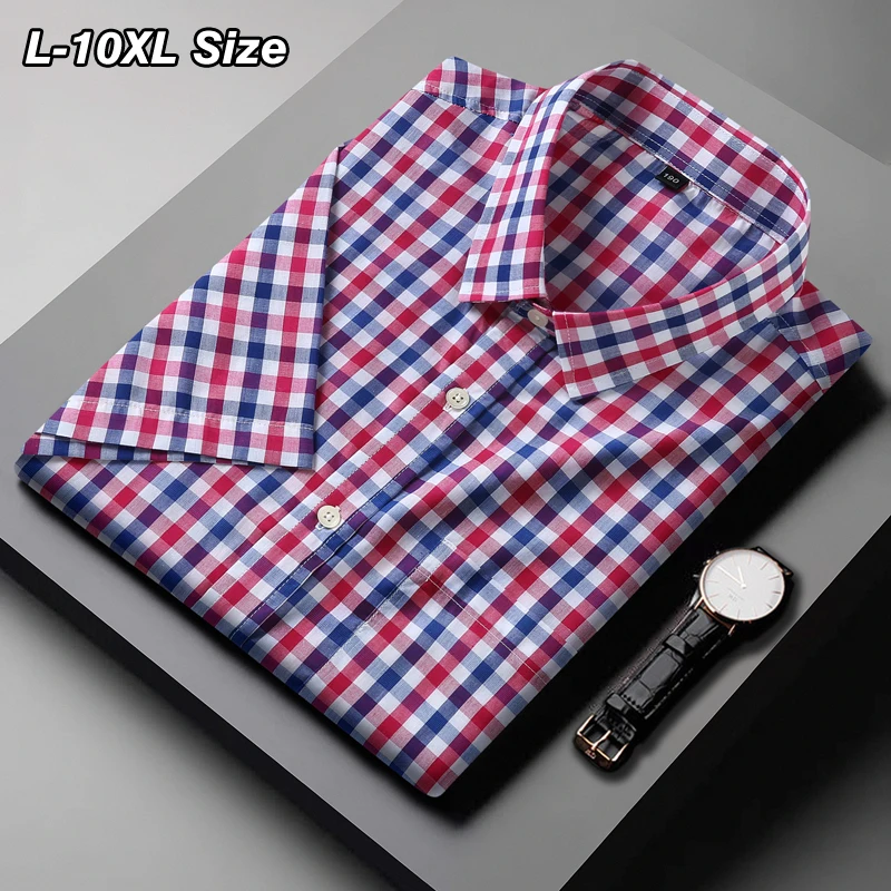 

100% Cotton Men's Short Sleeve Shirt Plus Size 8XL 10XL Summer Thin Fashion Plaid Loose Business Casual Shirt Oversized Clothing