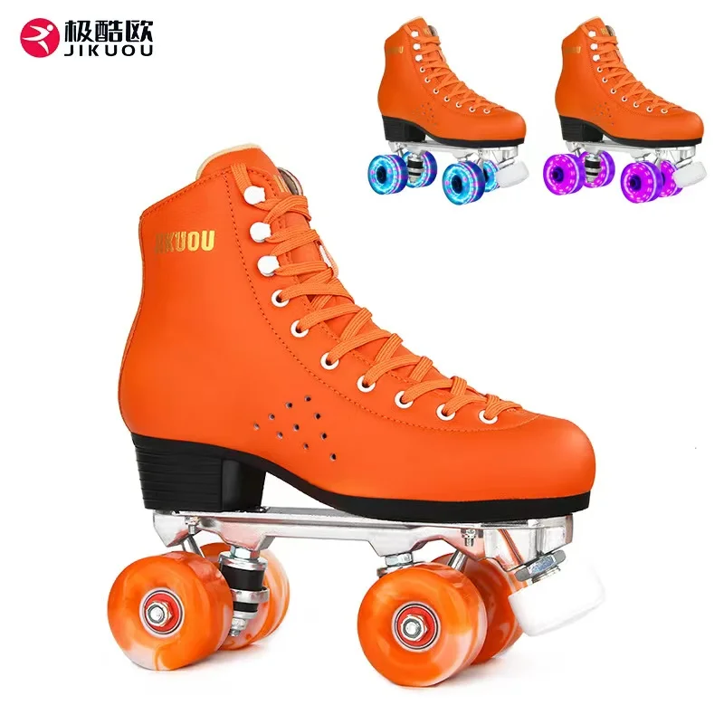 Women Men Orange PU Leather Roller Skates Two Line Skating Shoes Patines  Sneakers Training 4 Flash Wheels