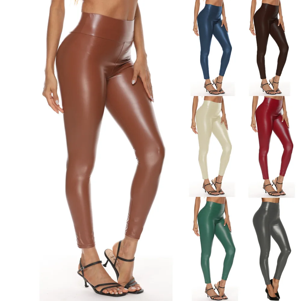 Hot High Waist PU Leather leggings Skinny Black leather Shinny Black Leggins Ankle-length Stretchy Pants for Women