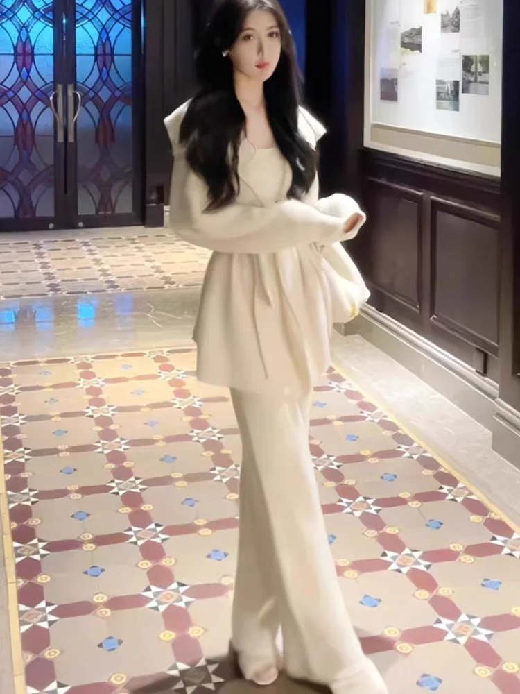 Элегантный однотонный костюм из трех предметов женский длинный вязаный кардиган