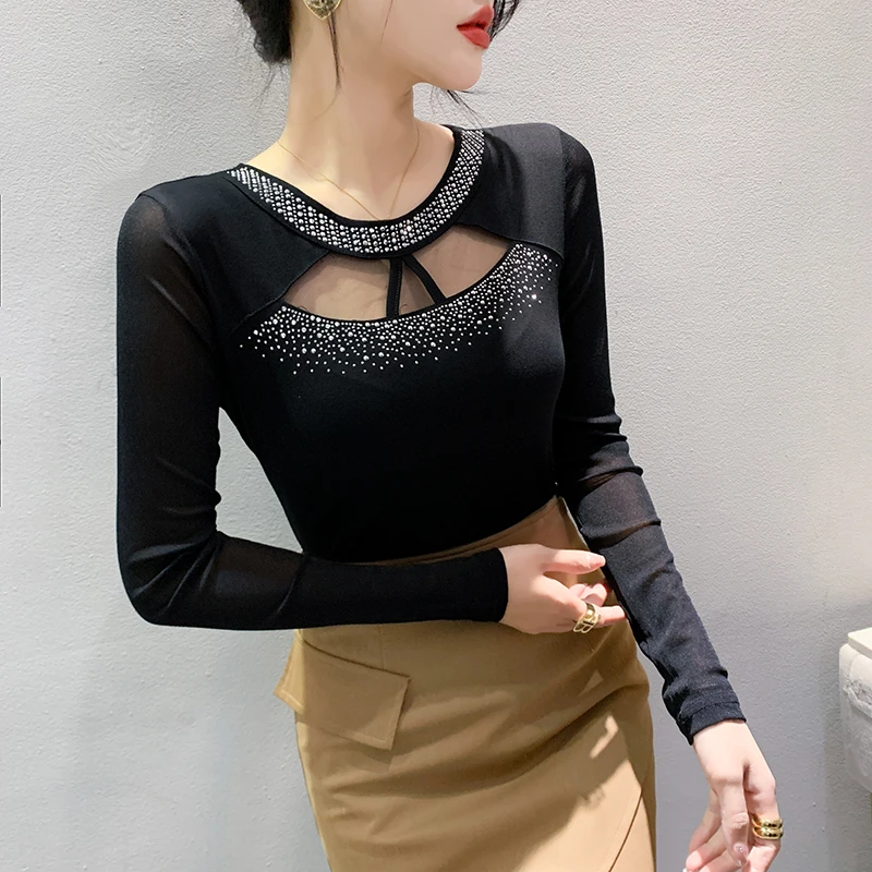 

Женская эластичная футболка с длинным рукавом, с круглым вырезом