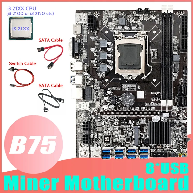 B75 ETH Mining Motherboard 8XPCIE To USB+I3 21XX CPU+2XSATA Cable+Switch Cable LGA1155 MSATA B75 USB Miner Motherboard
