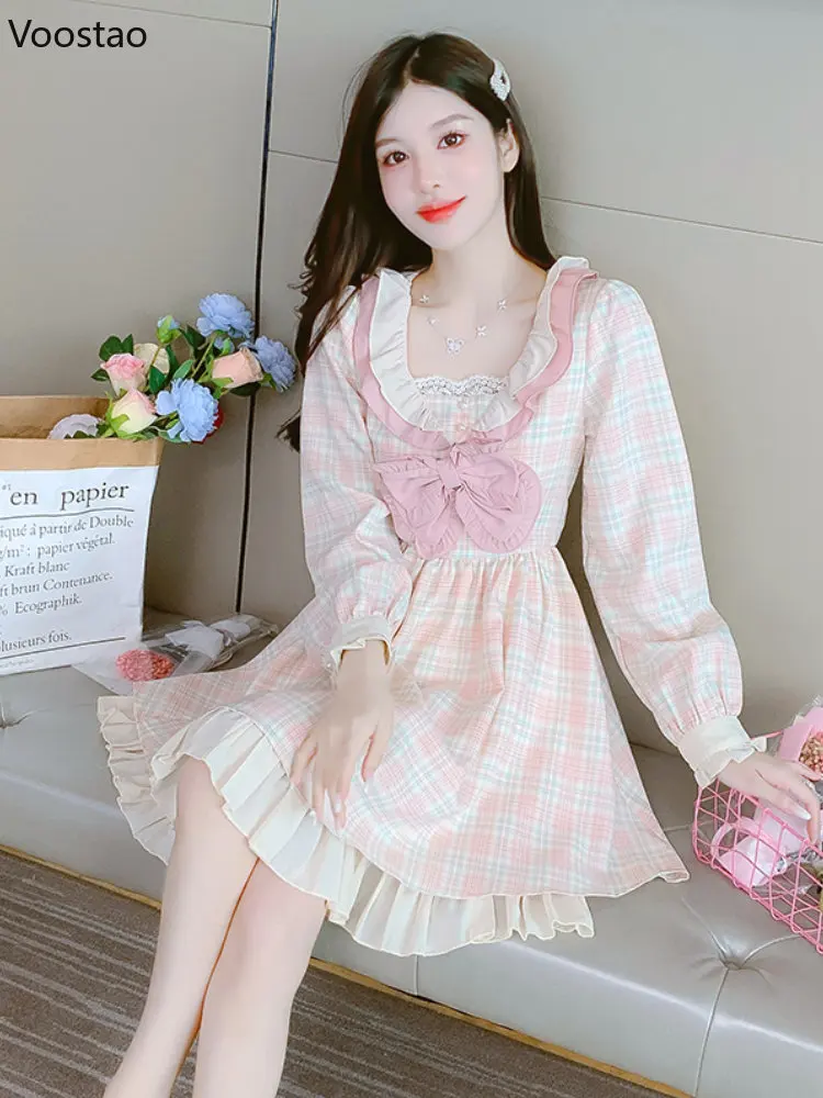 

Милое розовое платье принцессы в стиле Лолиты, женские элегантные кружевные клетчатые вечерние платья с оборками и бантом, милые мини-плать...