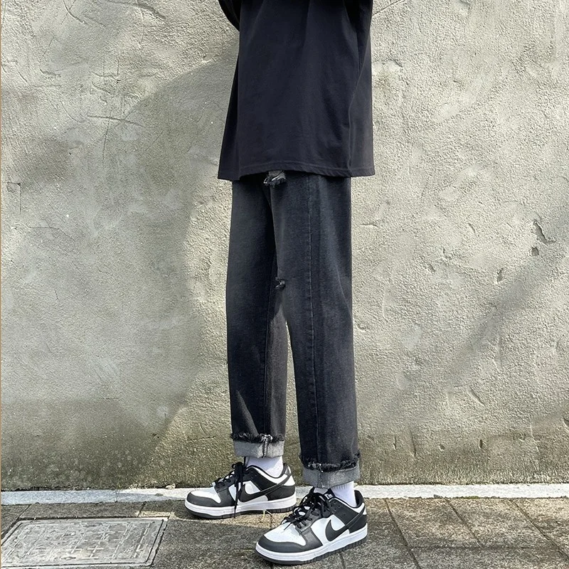 Summer Blue/Black Ripped Jeans Men Slim Fashion Casual Straight Jeans Men Streetwear Hole Denim Trousers Mens Pants 27-36