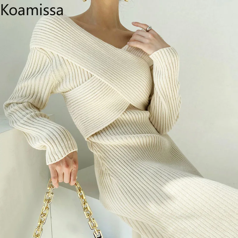 

Женское трикотажное платье-свитер Koamissa, однотонное облегающее платье-макси с перекрестными лямками, элегантное офисное платье в Корейском стиле