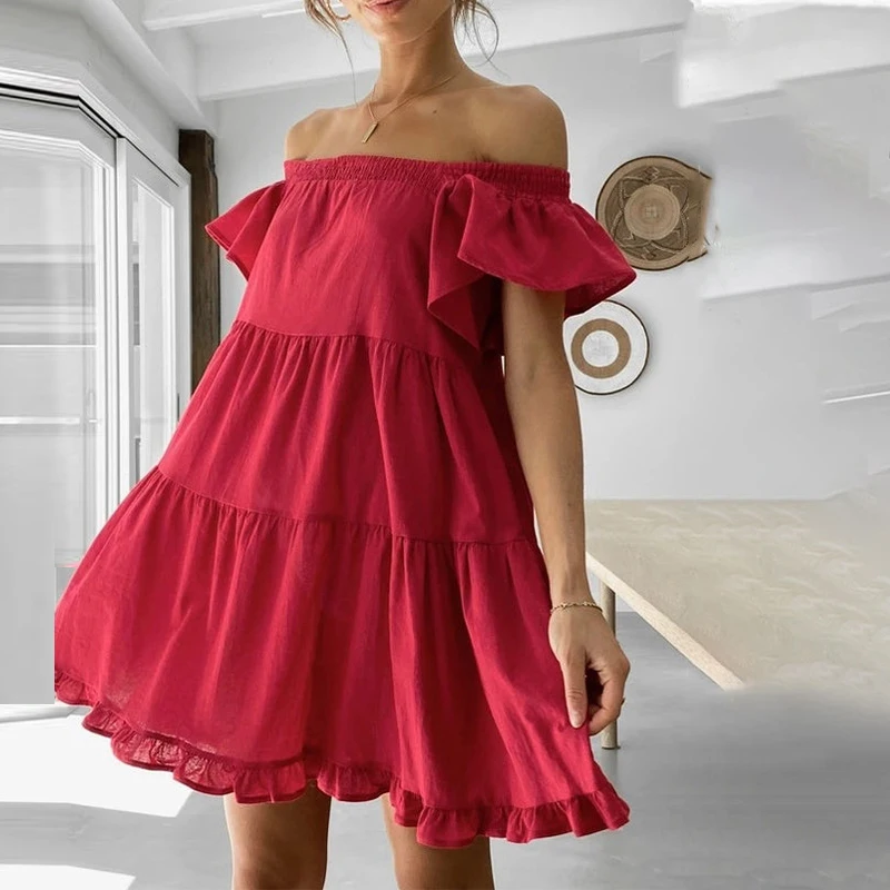 

Playful Women Off Shoulder Party Dress Summer Solid Short Sleeve Vocation Holiday Mini Dress New Pleated A-Line Dress Streetwear