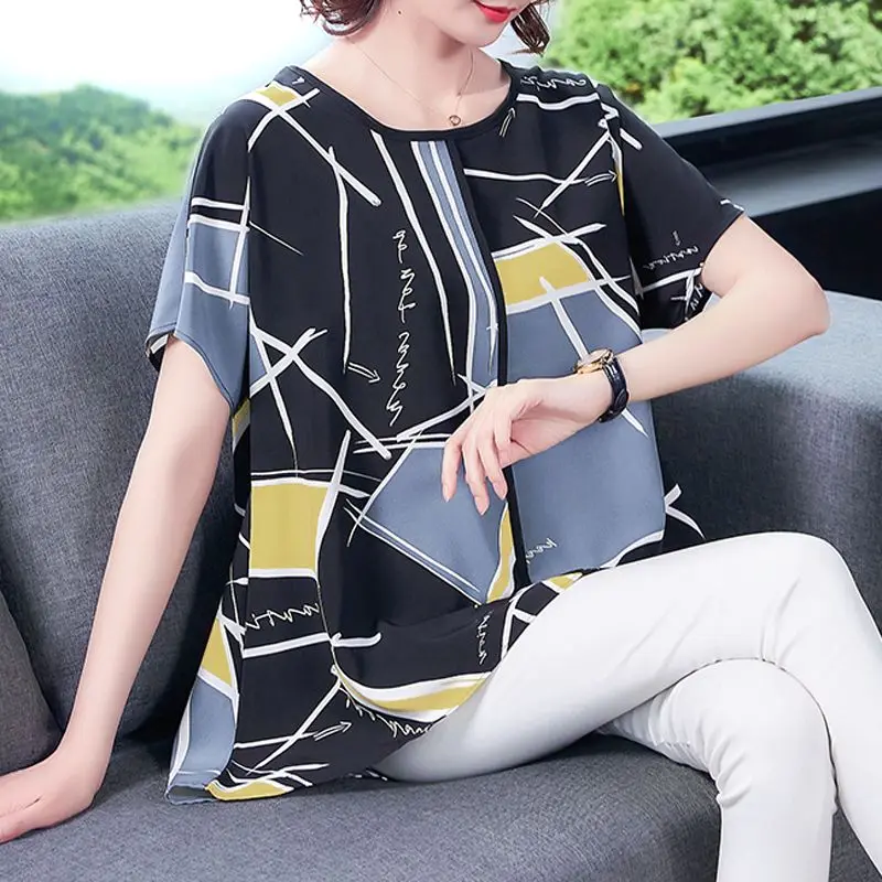 

Summer New Print Asymmetrical Tops Tees Ladies O Neck Plus Size L-6XL Loose Pullovers Versatile Casual Fashion Clothes for Women