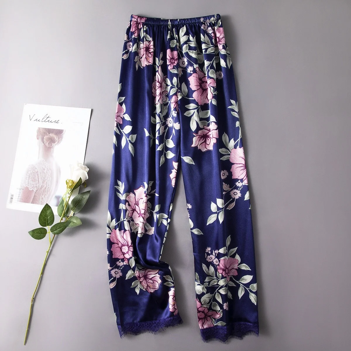 

Print Sleep Bottoms Satin Home Wear Pijamas Sleepwear Women Elastic Waist Pajamas Long Pants Lingerie Nightwear Lounge Trousers