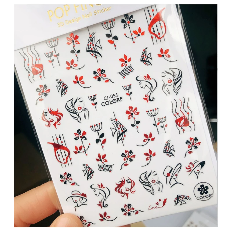

Back Glue Sticker Geometrical Draw Lines Eyes Ladies Black Red Flower Leaves Nail Decal Decoration For Nail Art Manicure Beauty