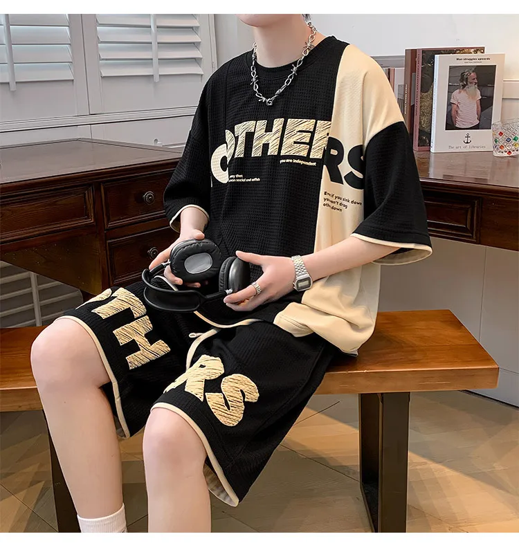 2023 Summer Fashion Two Piece Sets Mens Patchwork Waffle Short Sleeve T-Shirts Shorts Tracksuit Men Harajuku Casual Sport Suits