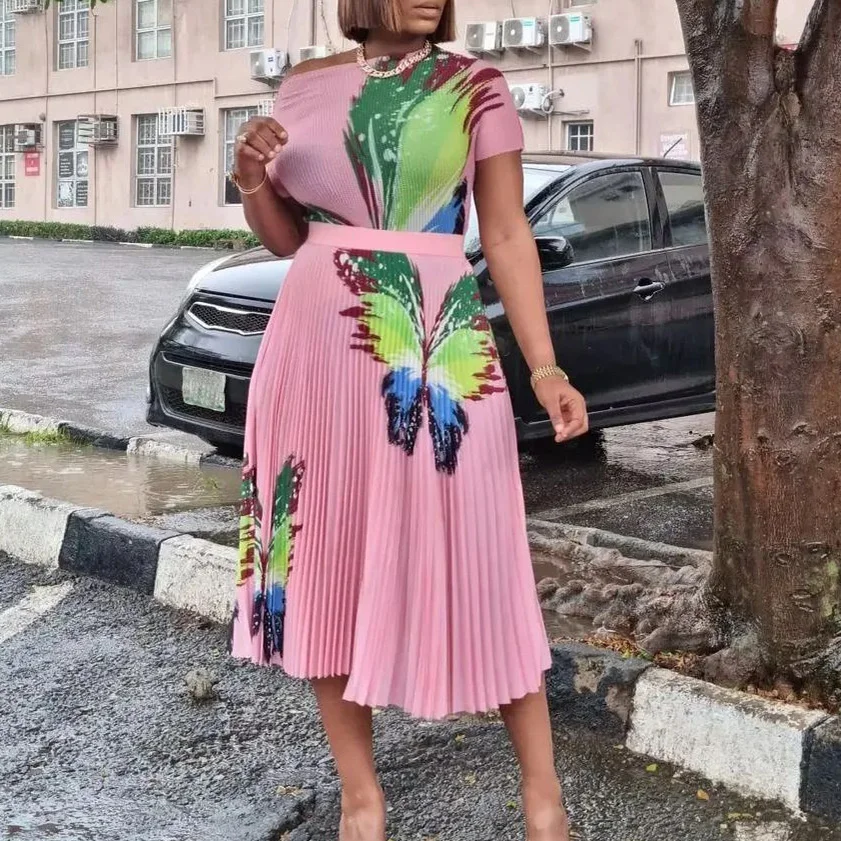 Women Casual Dress Fashion Pleated Printed Dress With Short Sleeves Street Trends Africa Dress Autumn Female Clothing Elegant