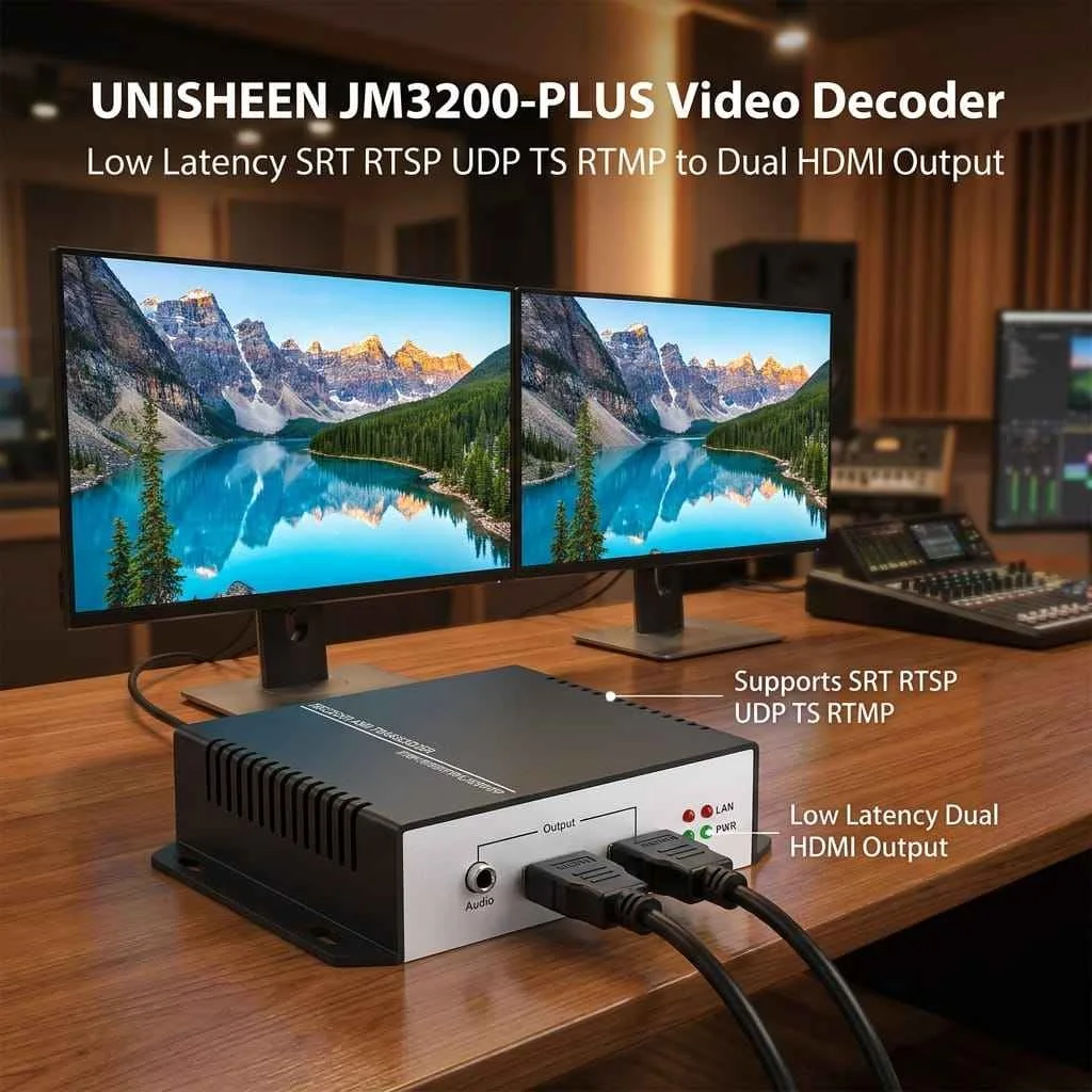 Фото UNISHEEN JM3200-Plus 4K60 Декодер видео с двумя входами HDMI, H.265 H.264, SRT RTSP RTMP, IP-транскодер в HDMI, интерлейсинг струминга №1